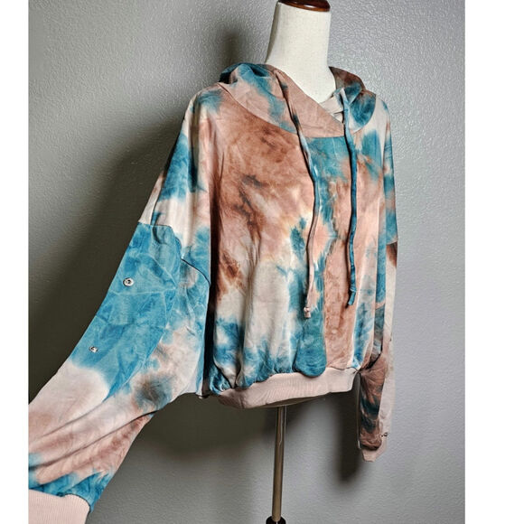 NWT Hem and Thread Womens Tie Die Oversized Hoodie Teal and Brown Large - Picture 3 of 15